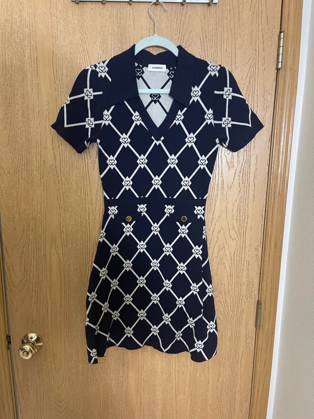 Sandro Navy Mini Polo Dress with Ivory Lattice - Picture 2 of 5